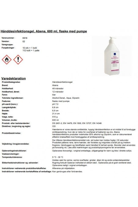 Hånddesinfektionsgel, Abena, 600 ml, flaske med pumpe, JB 69-18-02