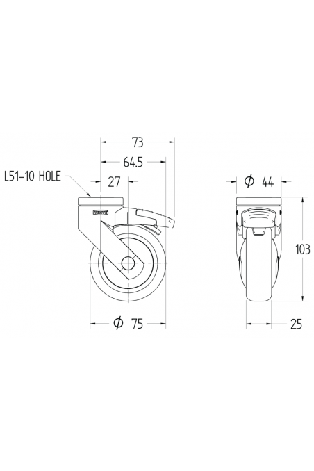 Swivel Castors with total lock 75 mm Stainless, 5225PJP075L51-10, by JB Medico