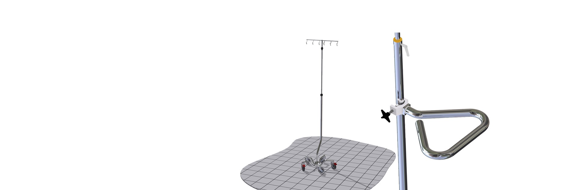 Drop- and infusion rolling racks, wet wipe, flat screen holder, drip, rail clamps & FLOWMETER